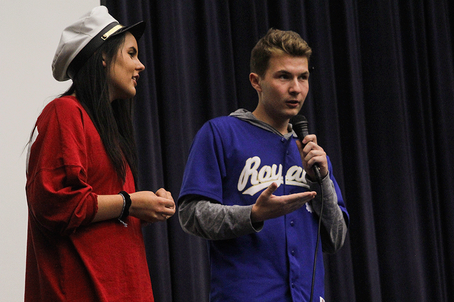 Senior, Dani Stompoly and junior, Austin Garner host the Video Production Halloween Film Fest during seminar on Wednesday, October 28.