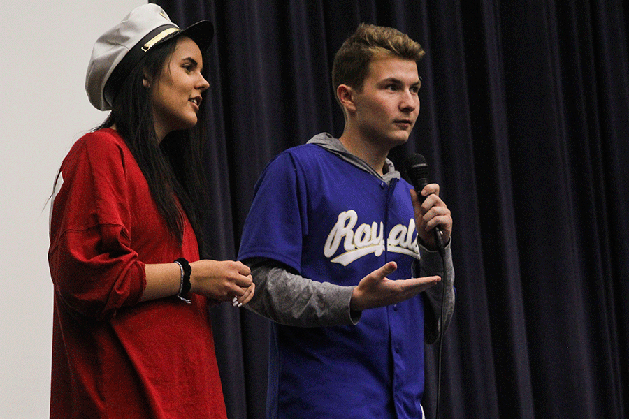 Senior Dani Stompoly and junior Austin Garner host the Video Production Halloween Film Fest during seminar on Wednesday, October 28.