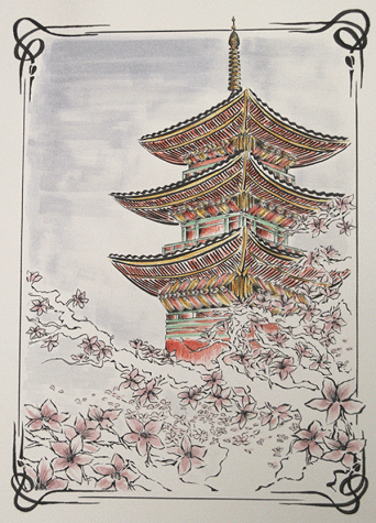 A Japanese pagoda hidden behind pink cherry blossoms, painted using watercolor.