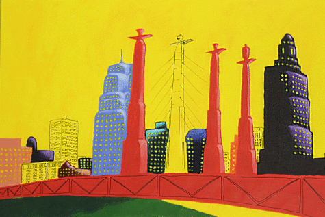 The vibrant Kansas City, Missouri skyline completed using acrylic paint and pen.