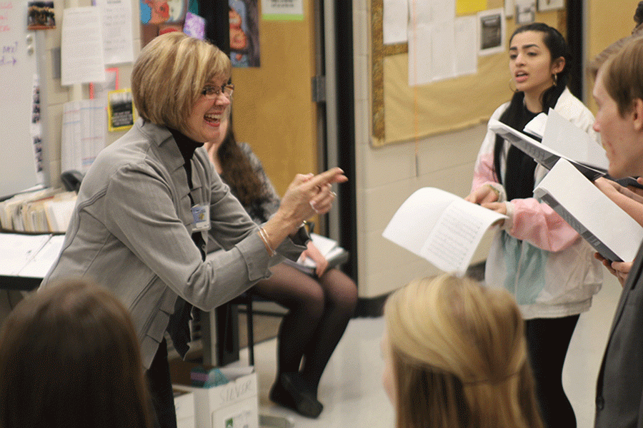 During Jaguar Singers on Wednesday, Jan. 27, choir teacher Sheree Stoppel helps students to perfect the song I Sing You Sing.