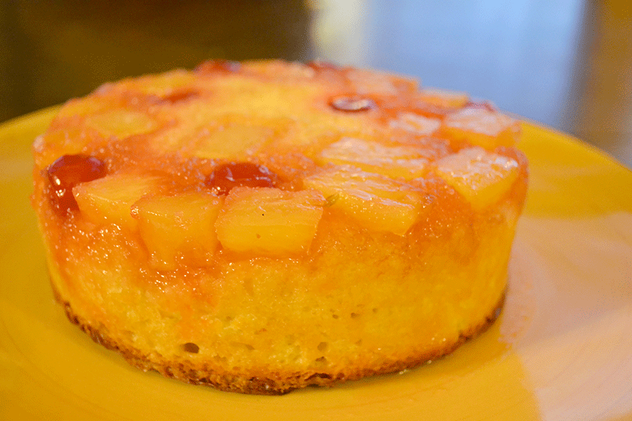 If baked correctly, all fruit previously in the bottom of the pan will remain in place once removed from the pan.