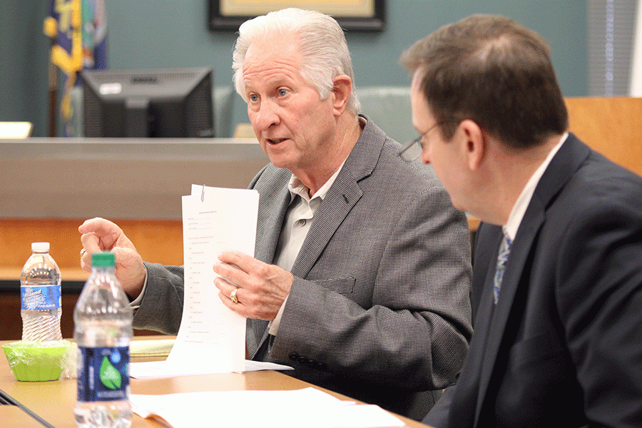 At the beginning of the Board of Education meeting, interim superintendent Dr. Ron Wimmer presents the rating sheet that each Board member will complete for each person that has applied for the superintendent job. What I will be looking for is their vision, ability to create new programming and new opportunities for students and make sure that they can relate to all of the people that they are going to be working with, Wimmer said. [Which] is the community, the students, the administration and the Board, so person traits are the most important to me.