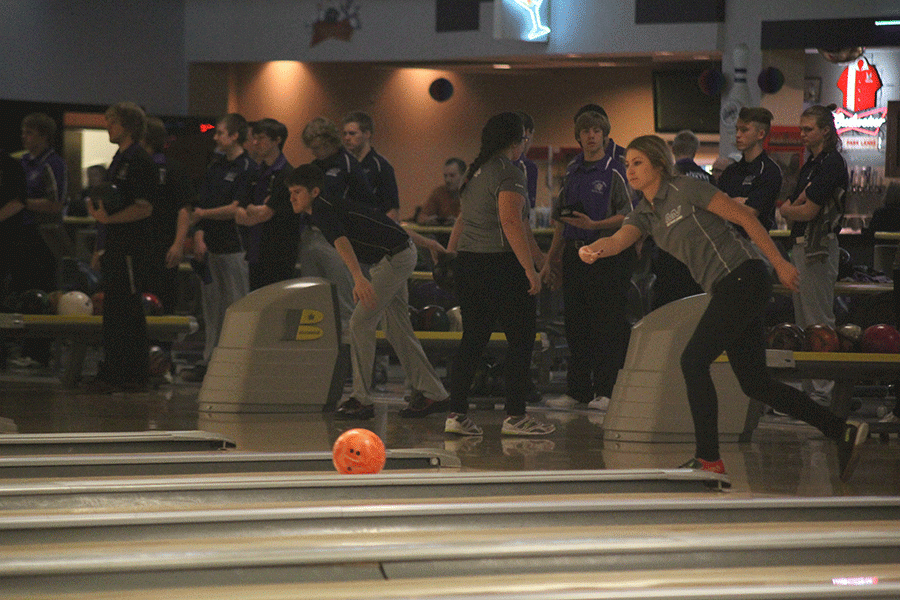 Junior Emma Mantel warms up before her bowling competition. 