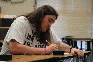 Utilizing his scratch paper, senior Jordan Wootton attempts to find the answer to a math question.