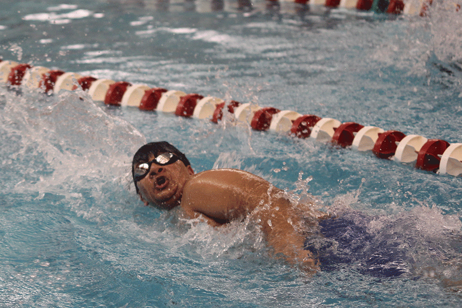 Senior Heral Patel comes up for air as he swims in the 100 yard freestyle.  