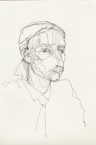 Continuous line portrait completed using pen and ink. 