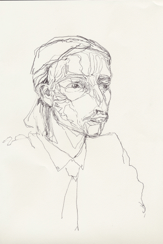 Continuous line portrait completed using pen and ink.
