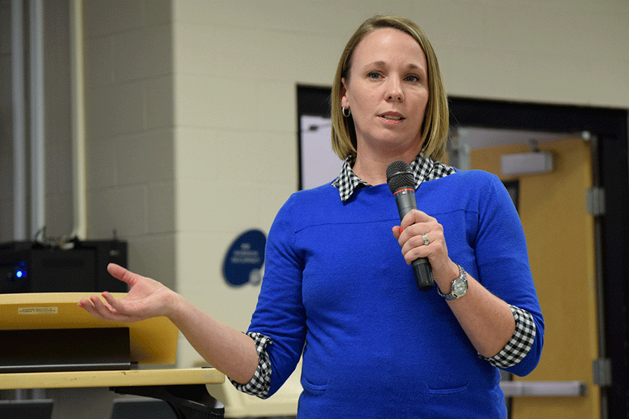 During the dual enrollment information meeting on Tuesday, Feb. 24, counselor Erin Hayes explains how AP credits transfer. 