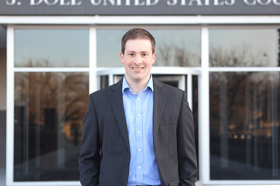 After work on Monday, Feb. 22, Mill Valley graduate Grant Treaster stands in front of the Robert J. Dole United States Courthouse. Treaster works there at the courthouse as a law clerk.