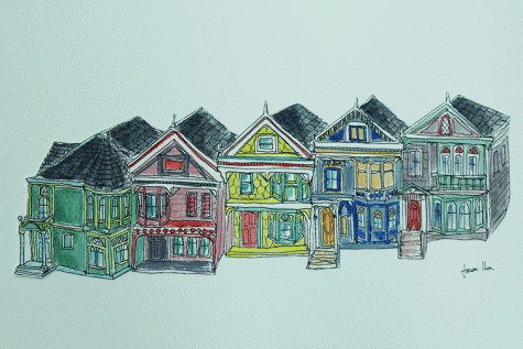 A row of San Francisco Victorian homes completed in watercolor for the Make-A-Wish silent auction. 