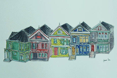 A row of San Francisco Victorian homes completed in watercolor for the Make-A-Wish silent auction.