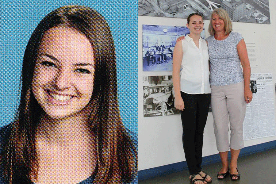 2012 graduate Sarah Darby’s senior yearbook photo. RIGHT: Monday, Aug. 10 2015 graduate Sarah Darby stands next to journalism advisor Kathy Habiger in the Kansas City Star printing press building. “[High school journalism] kind of shaped my future career path,” Darby said. “I loved my teacher, loved the school I just really enjoyed my time.”