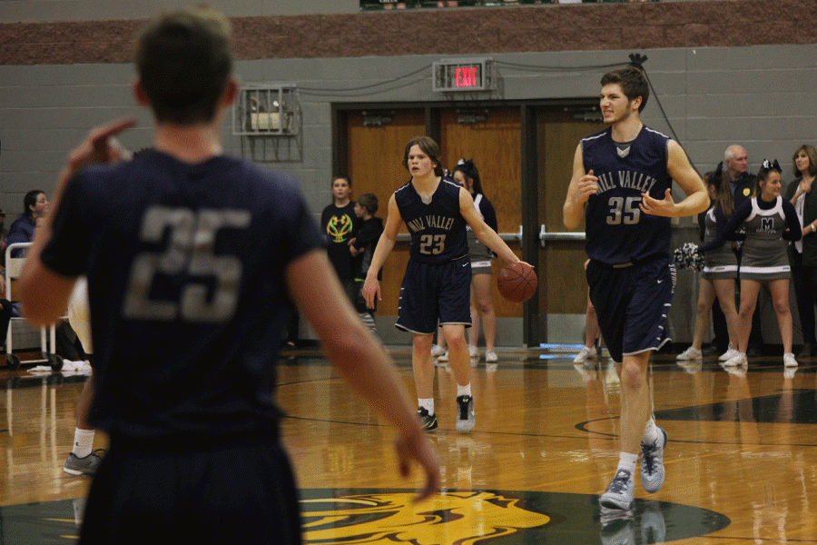 Sophomore Cooper Kaifes dribbles down the court during the game against Basehor Linwood on Friday, Feb. 26. The Jaguars fell to the Bobcats 58-55.