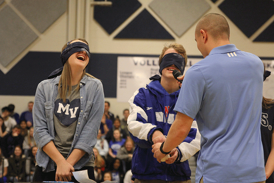 Senior winter homecoming candidates Tori Aerni and Shane Calkins participate in the candidate game. 