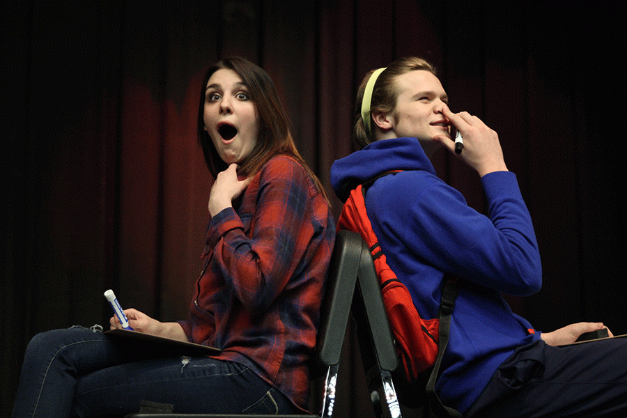 During the Know Ya Boo event, sophomores Maggie Lane and Cooper Kaifes react to the question what is your girlfriends mothers maiden name? in the Little Theater on Wednesday, Feb. 10.
