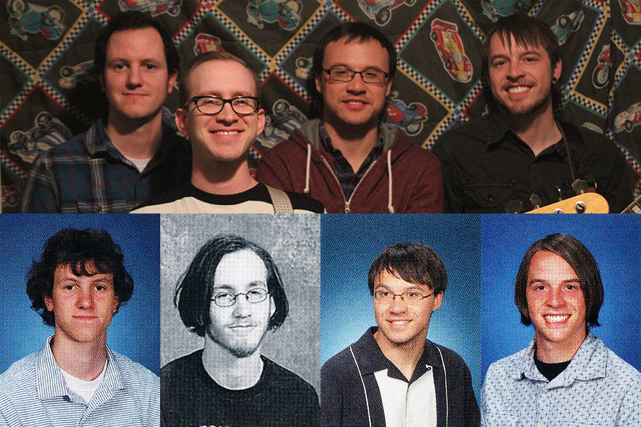 ABOVE: Temp Tats members Luke Waye, Chris Paul, Joel Schuman and Eric Schuman pose in their practice room on Tuesday, Feb. 2. BELOW: 20__ graduate Luke Waye, Chris Paul, 20__ graduate Joel Schuman and 20__ graduate Eric Schumans most recent yearbook photos.
Photographer: Ben Hoepner