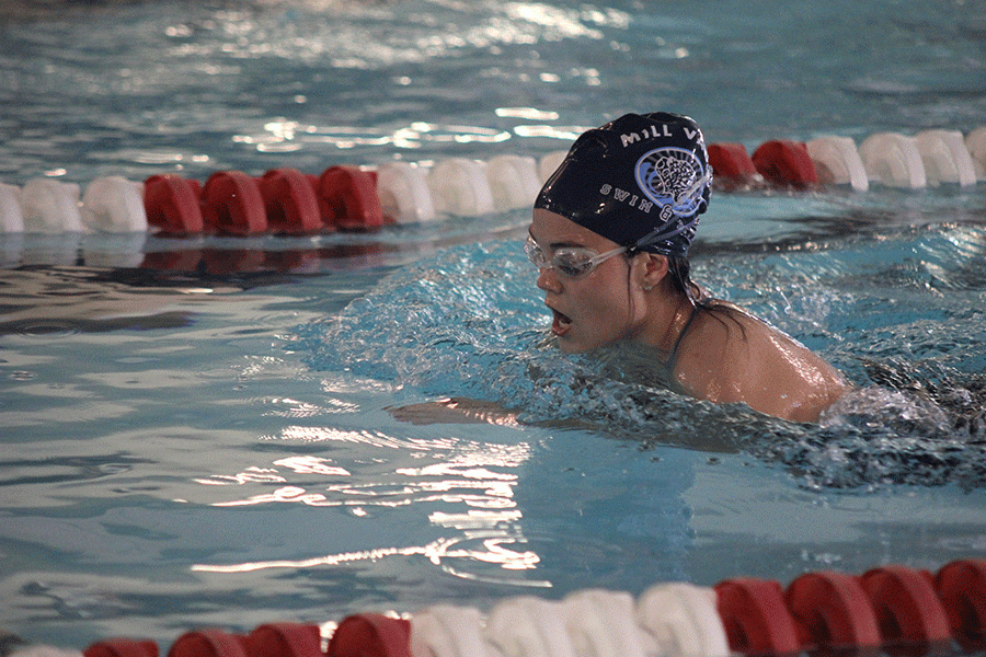 Sophomore Bailey Wagoner swims in the 100 yard breaststroke at Shawnee Mission North.