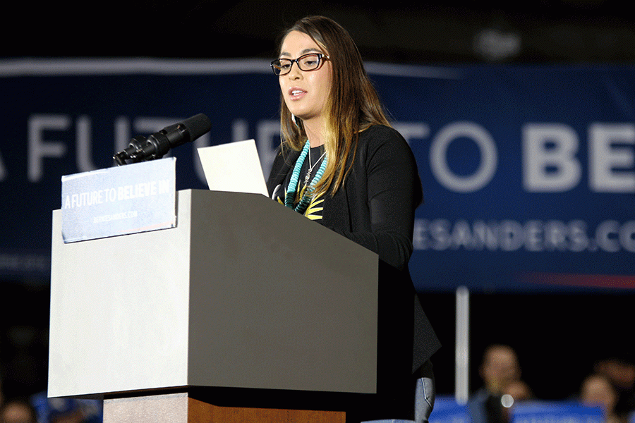 Mohican Nation member Andi Weber speaks about Native American rights as she introduces Sanders on Thursday, March 3.