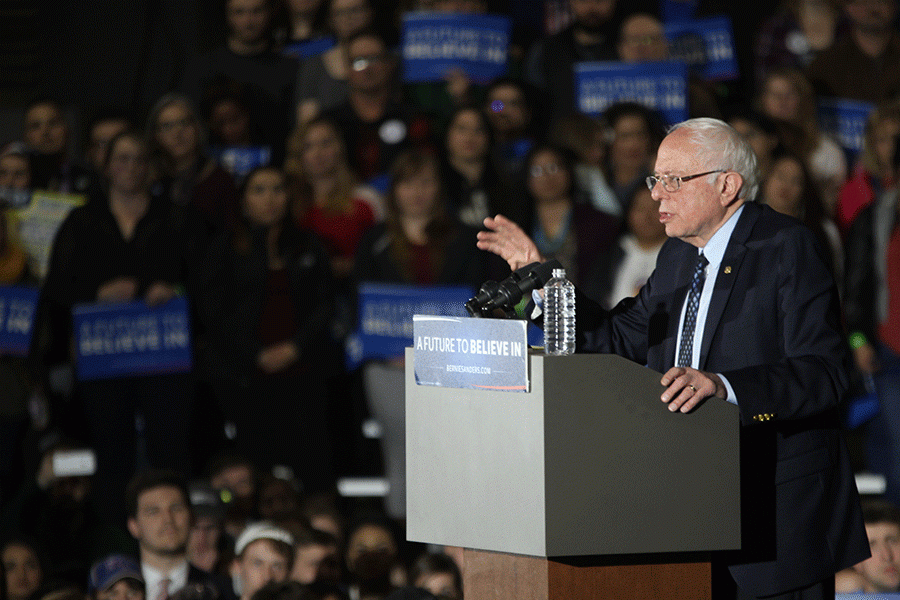 Sanders speaks to the crowd during the rally on Thursday, March 3. 
