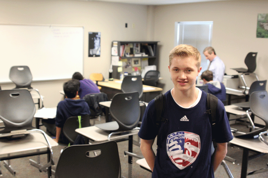  Junior Spencer Taylor stands in AP Calculus teacher Brian Rodkey’s room on Tuesday, Feb. 23.