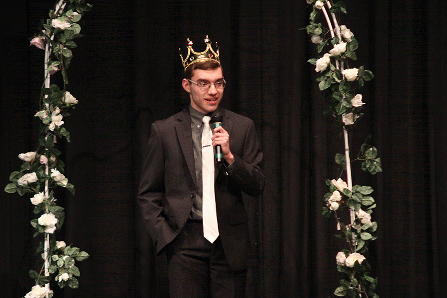 After being crowned Mr. Mill Valley on Wednesday, March 30, junior Tom McClain gives a speech.