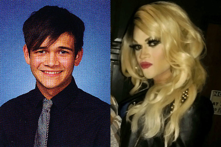 LEFT: 2010 graduate Garett McMullin's senior yearbook photo. RIGHT: McMullin poses for a photo at Missie B's while dressed in drag. (Submitted photo)