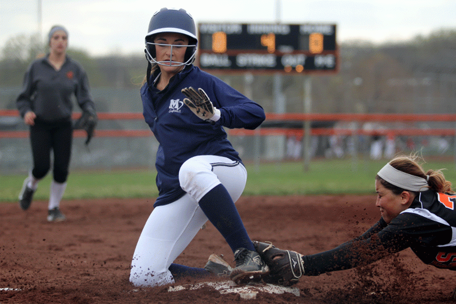 Sliding+into+second+base%2C+senior+Rienna+Schriner+prepares+to+stop.+In+a+double+header+against+the+Bonner+Springs+Braves%2C+the+team+won+both+games+13-0+and+13-2+on+Thursday%2C+March+24.+