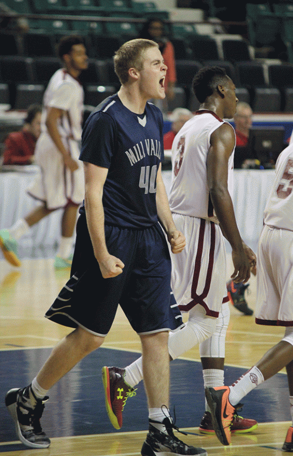 After a call goes in favor of the Jags, senior Tyler Graurer cheers.