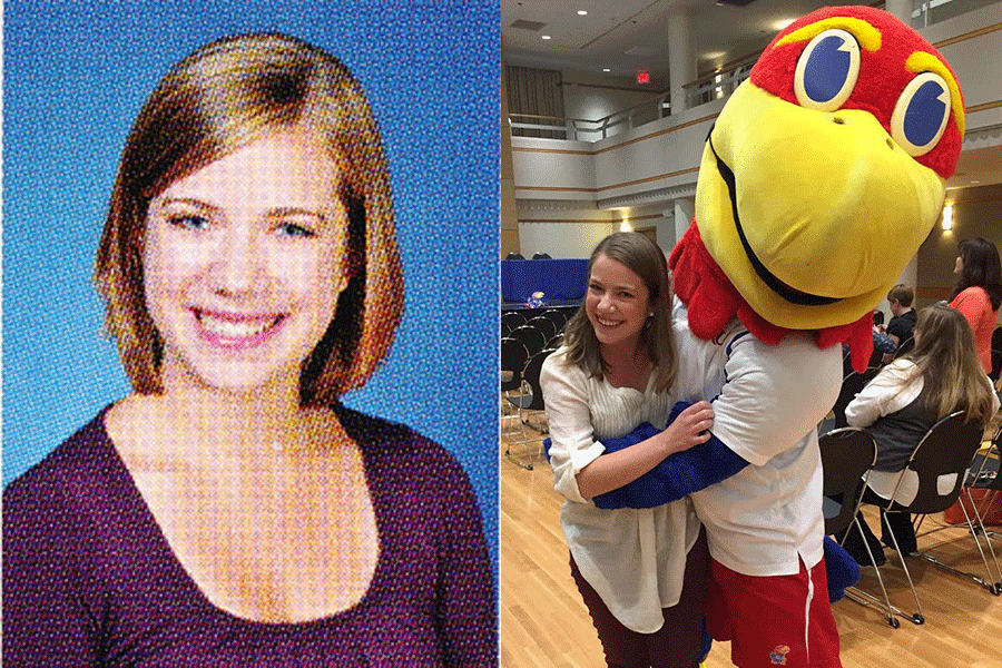 LEFT: 2011 graduate Miranda Wagner's senior yearbook photo. RIGHT: graduate Miranda Wagner hugs Big Jay at Kansas University.