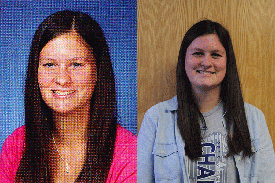 LEFT: 2010 graduate Katie Maybell’s senior photo. RIGHT: On Friday, January 29, 2016 graduate Katie Maybell stands in front of her classroom door at Prairie Ridge Elementary. “I always knew I wanted to be a teacher,” Maybell said. “I love being around kids all day.”