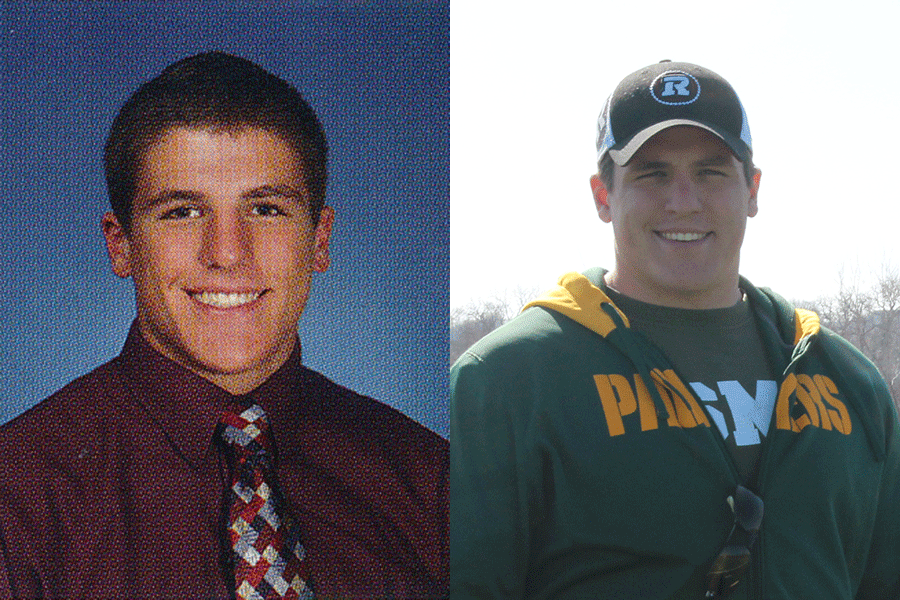 LEFT: 2010 graduate Matt Acree's senior yearbook photo. RIGHT: On Sunday, Feb. 21, Acree stands on the Mill Valley football field, where his football passion took off.
