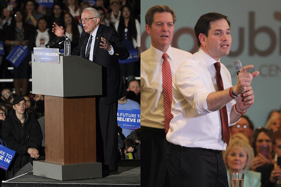 LEFT: Democratic presidential candidate Bernie Sanders speaks at a Lawrence rally Thursday, March 3. By Karissa Schmidt
RIGHT: Republican presidential candidate Marco Rubio speaks alongside Gov. Sam Brownback at an Overland Park rally Friday, March 4. By Justin Curto