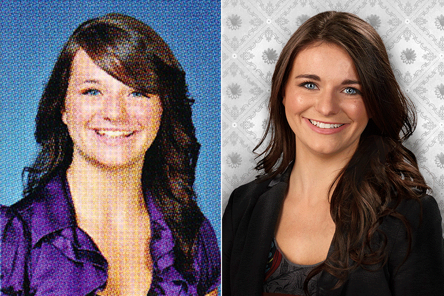 LEFT: 2011 graduate Kelcie Marquardt’s senior yearbook photo. RIGHT: Marquardt poses for a professional photo for Hasbro (submitted photo).