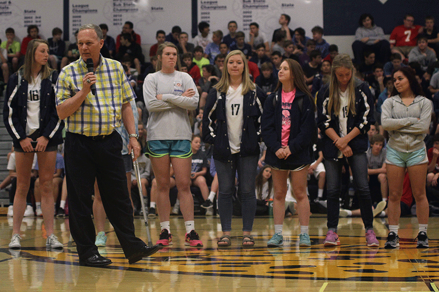 Head girls basketball coach John McFall recognizes the girls basketball team for their accomplishments over the past season during the pep assembly on Friday, April 15. 