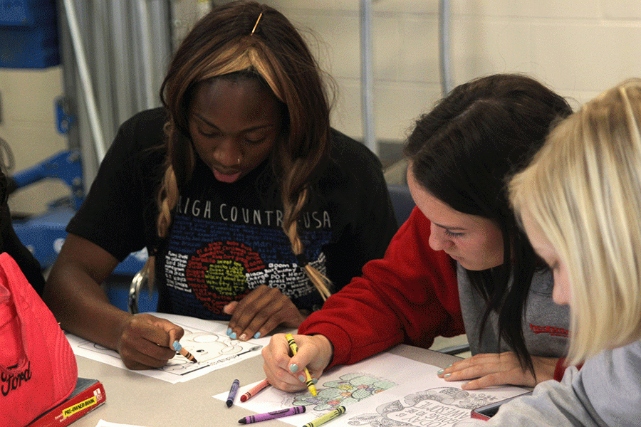 Juniors Jasmine Cousins and Alea Ashford focus on their drawing.