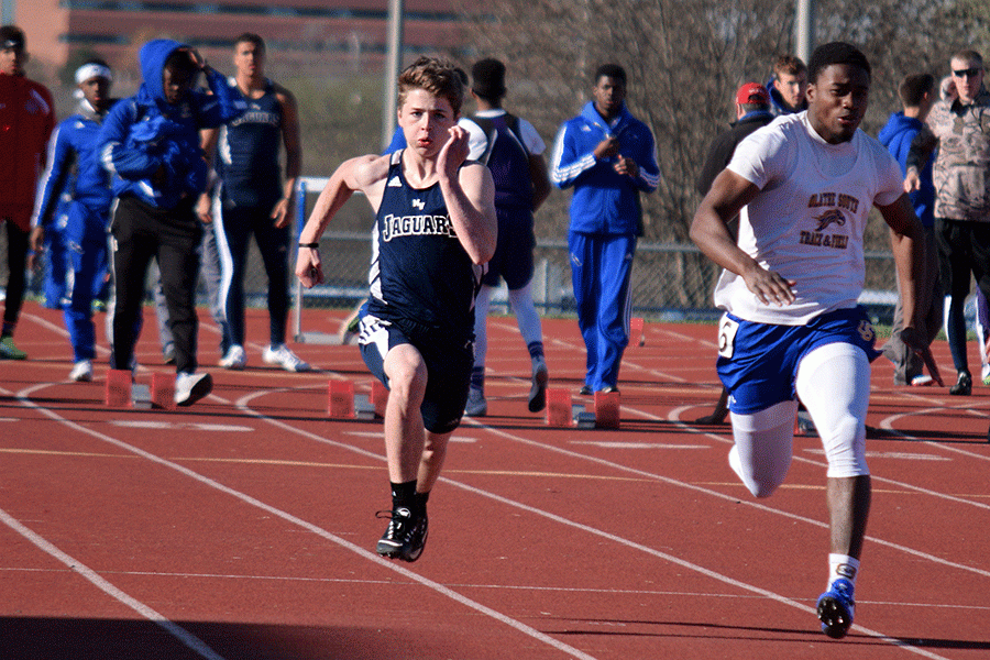 During the track meet at the Olathe District Activity Center on Friday, April 8, freshman Steven Colling runs a sprint. 