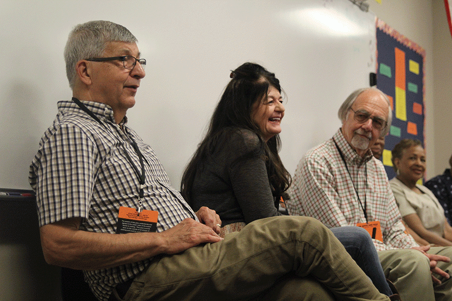 Grandparents of sophomore Allison Winker, junior Christian Rule, and sophomore Cameron Loew laugh during the human growth and development grandparent panel on Tuesday, May 3.