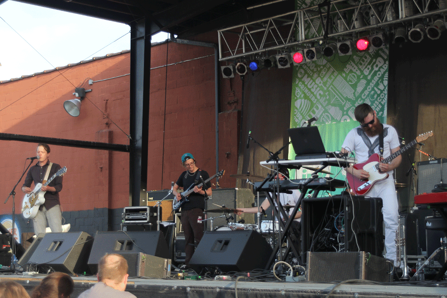 Spread across the stage, Light Music performs at CrossroadsKC for Day Four of Middle of the Map Fest. Light Music is signed to The Record Machine, a co-sponsor and -curator of the festival.