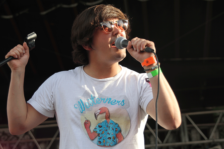 Singing to the crowd, Pink Royal lead vocalist-guitarist Dylan James Guthrie performs with his band for Day Four of Middle of the Map Fest. Pink Royal, from Lawrence, opened the final night of the festival at CrossroadsKC.