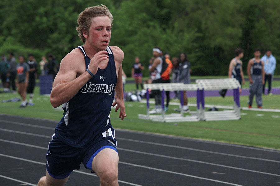 Sophomore Evan Rice competes in the boys sprints at the KVL Championships on Wed. May 11.