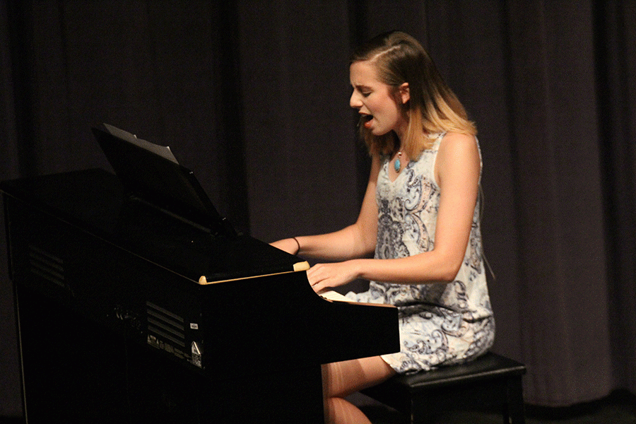 As part of Mayhem Week, sophomore Claire Boone plays the piano at the talent show on Thursday May 5.