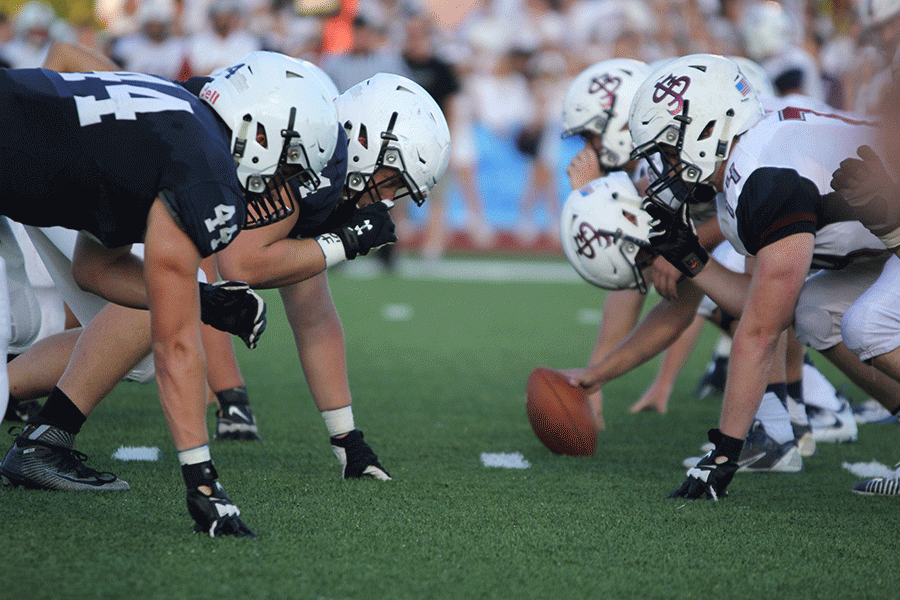 Lined up in front of the St. James offense, the Jaguar defense prepares for the play. The Jaguars defeated the Thunder 35-13 on Friday, Sept. 2 for their first win in the Eastern Kansas League. 