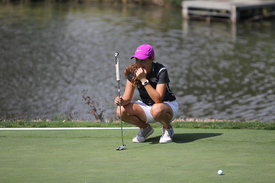 Sophomore Sarah Lawson looks down the line for her shot.