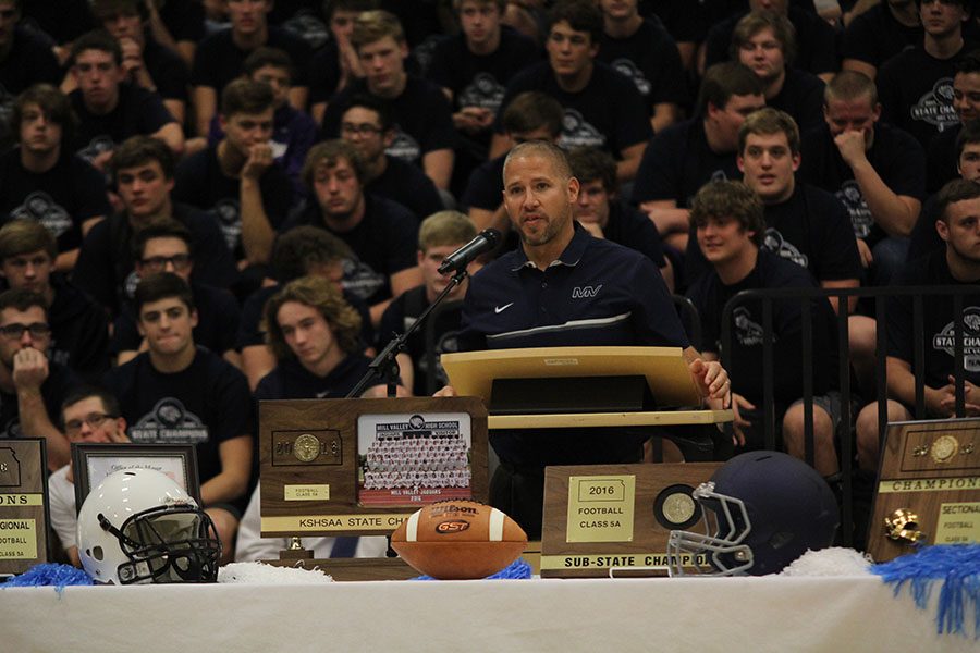 Head coach Joel Applebee addresses the student body, expressing his gratitude and pride.