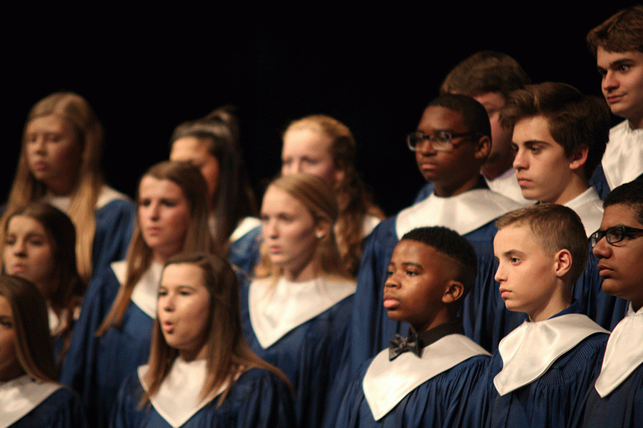 Performing in its annual holiday show, the choir spreads a festive attitude on Monday, Dec. 5.  Mixed choir, Treble Ladies Jag Chorale and Jag Singers all sang pieces they have been rehearsing in preparation for the show.