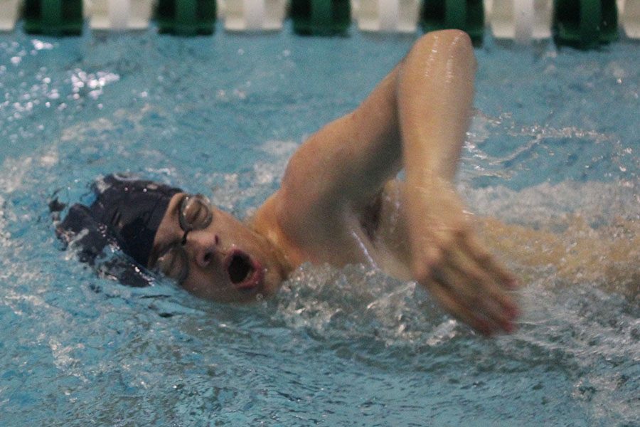 Sophomore Drew Thomas turns to the side while swimming freestyle.