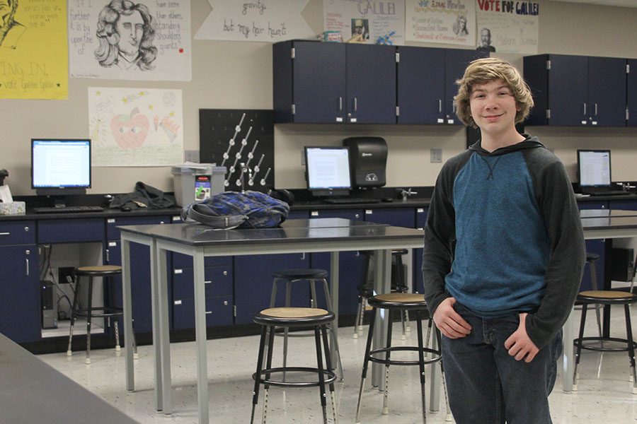 Sophomore Andrew Thomas stays in physics teacher Chad Browns classroom after school to be with the Science Olympiad team. It’s my favorite spot because it’s so lively in his room, Thomas said. [Its lively because of] all of my friends are there.