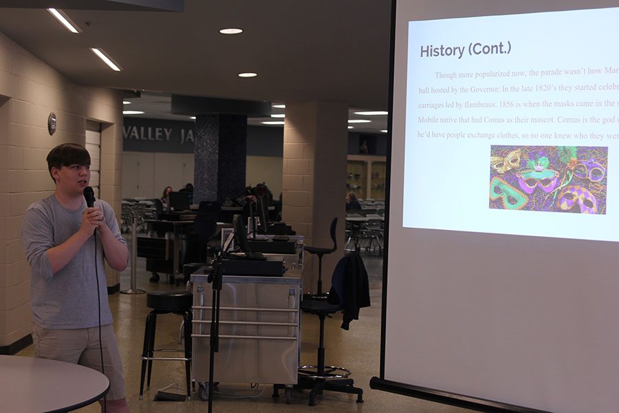 Junior John States does a presentation on the origins and history of Mardi Gras on Feb. 24, 2017