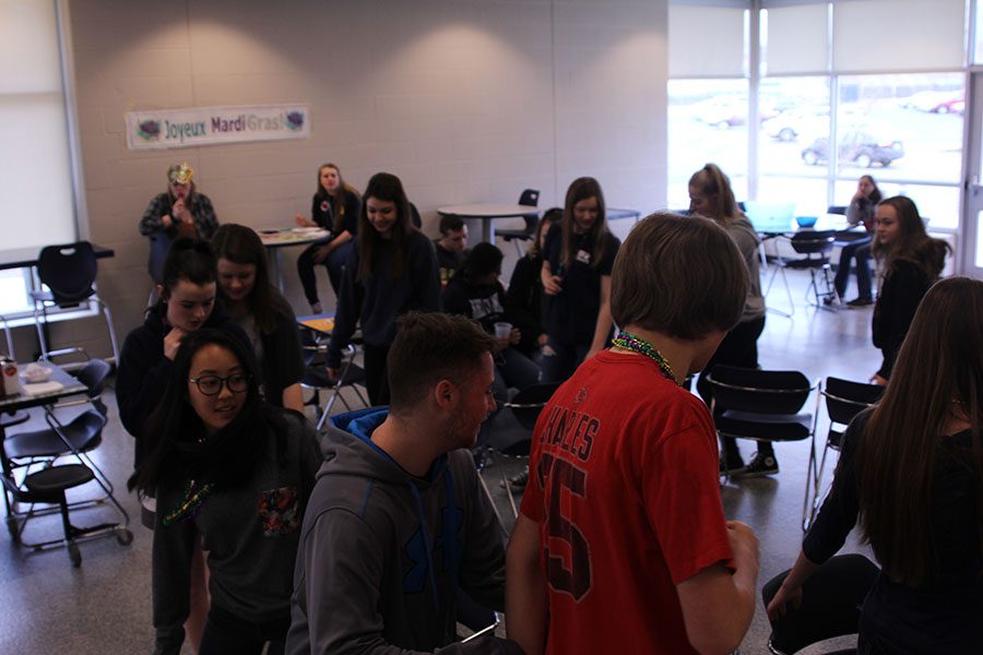 Students play musical chairs at Mardi Gras on Friday, Feb. 24.